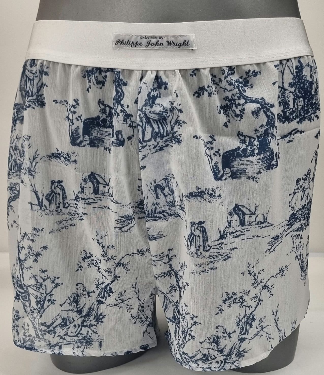 toile de jouy boxers shorts for men soft breathable sexy underwear in porcelain pattern sheer see through blue and white