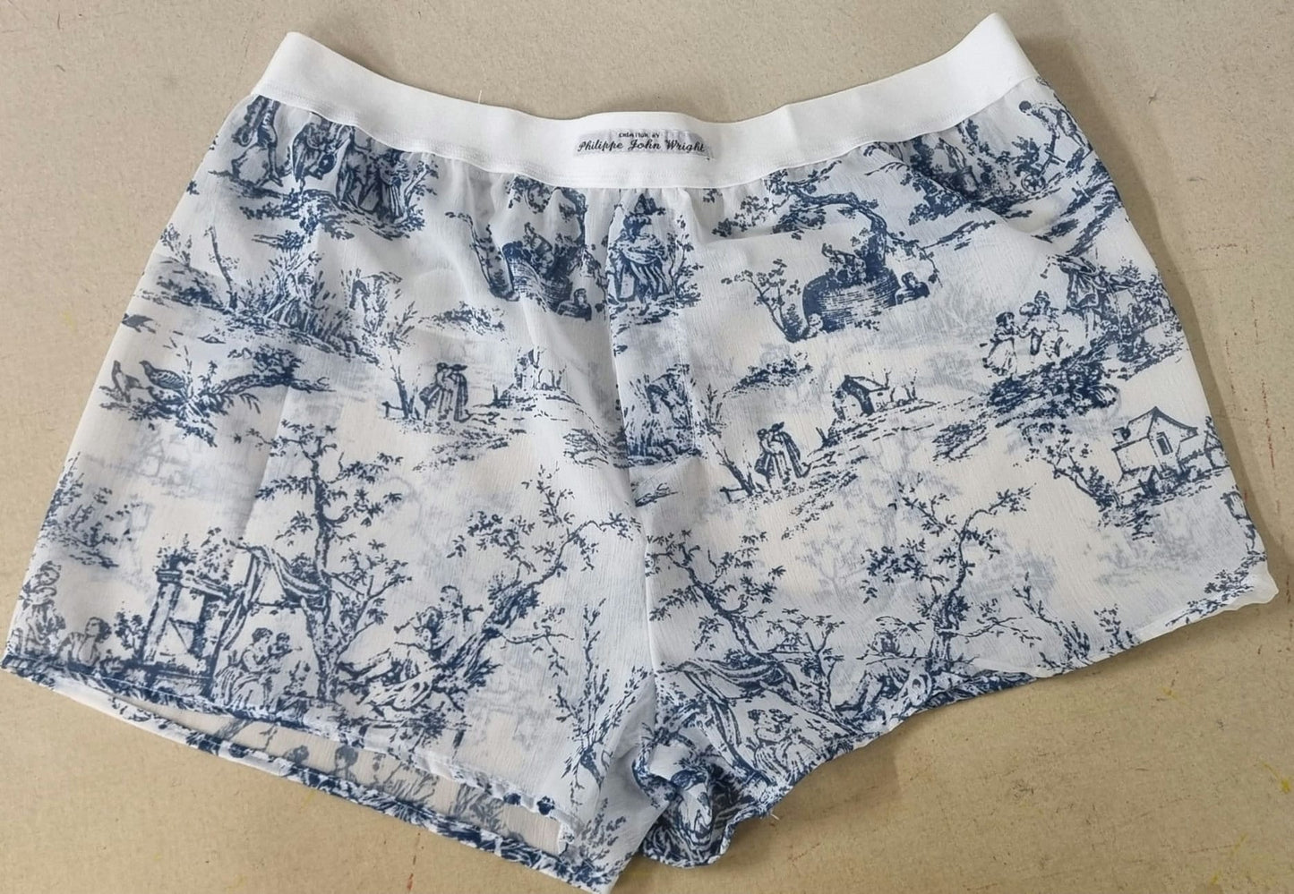 toile de jouy boxers shorts for men soft breathable sexy underwear in porcelain pattern sheer see through blue and white