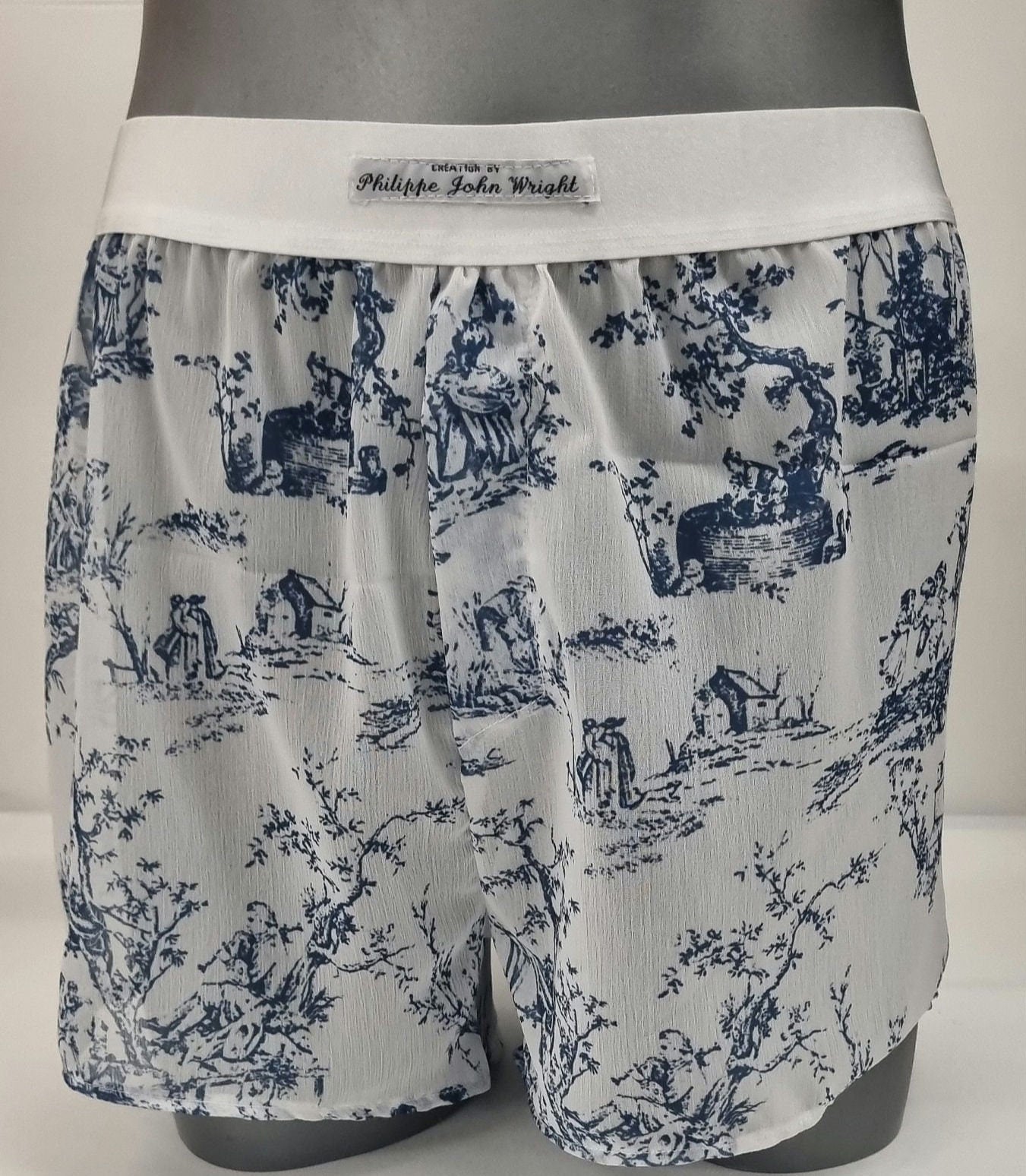 toile de jouy boxers shorts for men soft breathable sexy underwear in porcelaine motif sheer see through blue and white