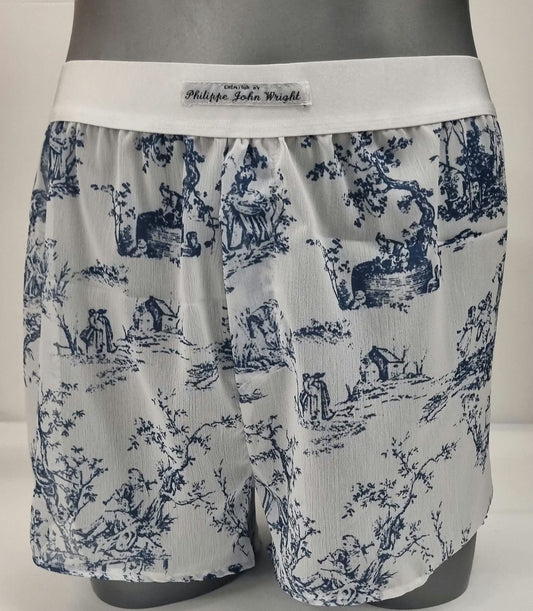 toile de jouy boxers shorts for men soft breathable sexy underwear in porcelain pattern sheer see through blue and white