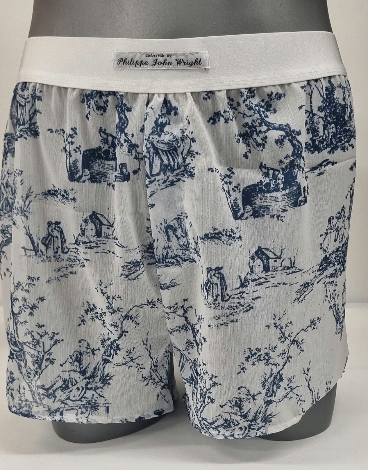 toile de jouy boxers shorts for men soft breathable sexy underwear in porcelain pattern sheer see through blue and white