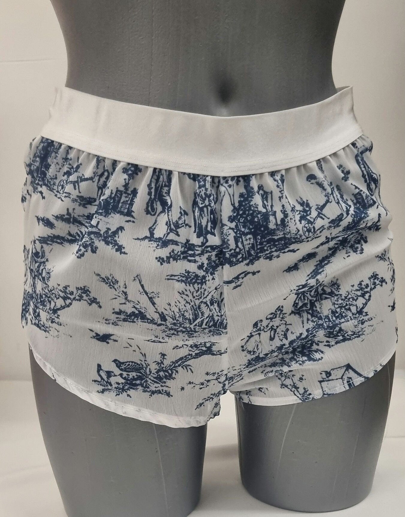 Womans boyshort in toile de jouy mousseline fabric porcelaine motif breathable girlfriend underwear handmade in france