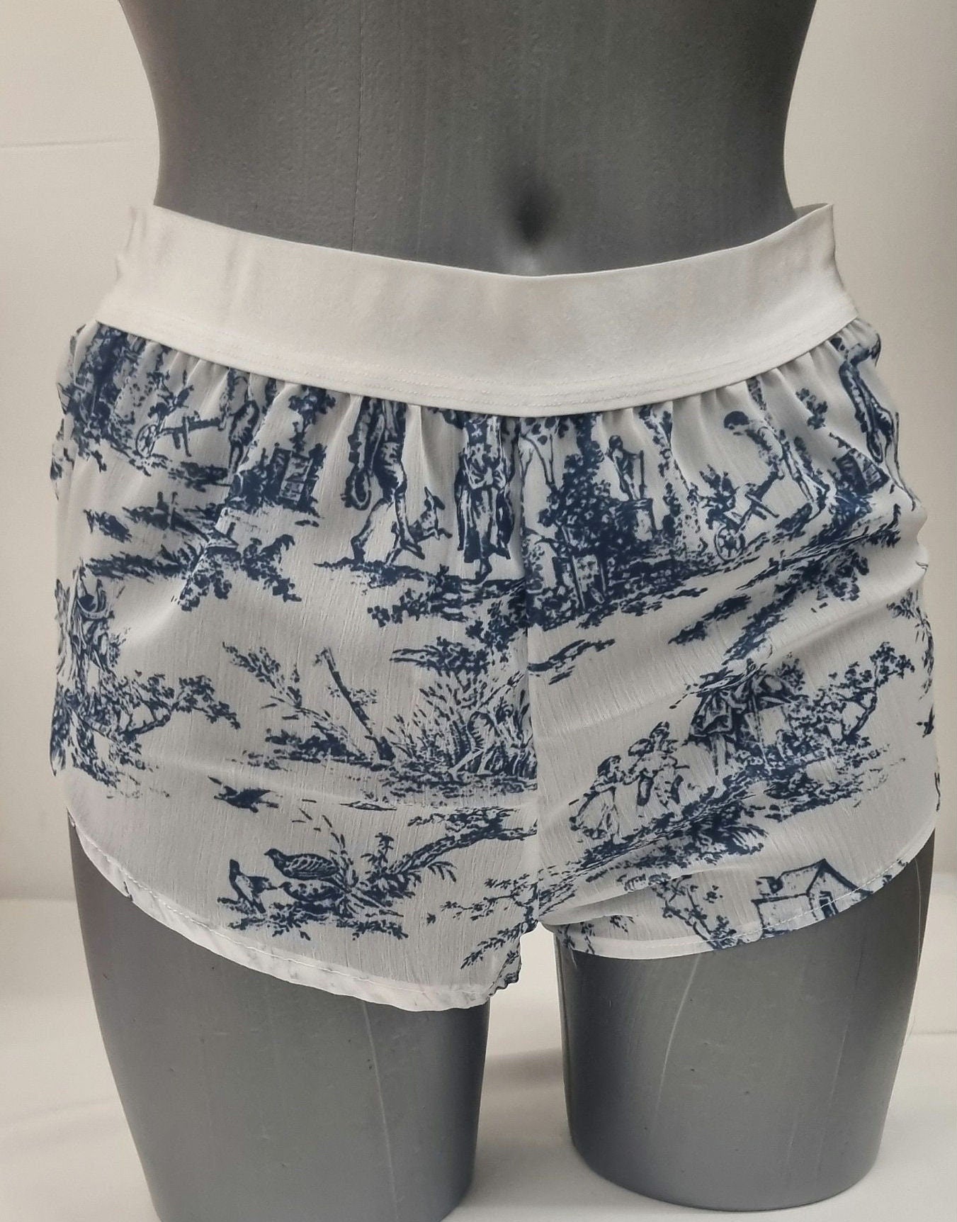 Womans boyshort in toile de jouy muslin fabric porcelain pattern breathable girlfriend underwear handmade in France