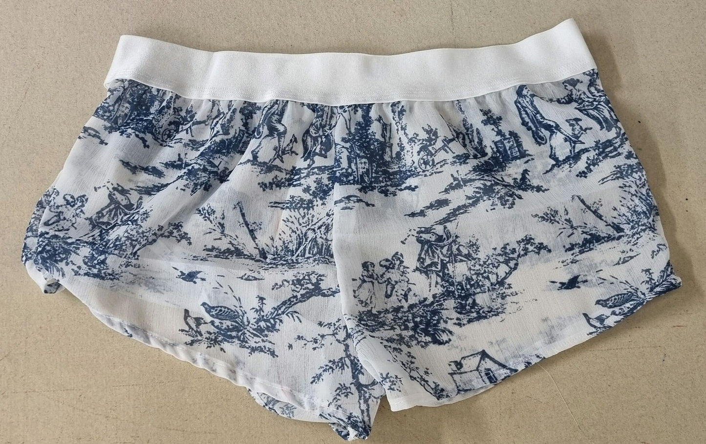 Womans boyshort in toile de jouy mousseline fabric porcelaine motif breathable girlfriend underwear handmade in france