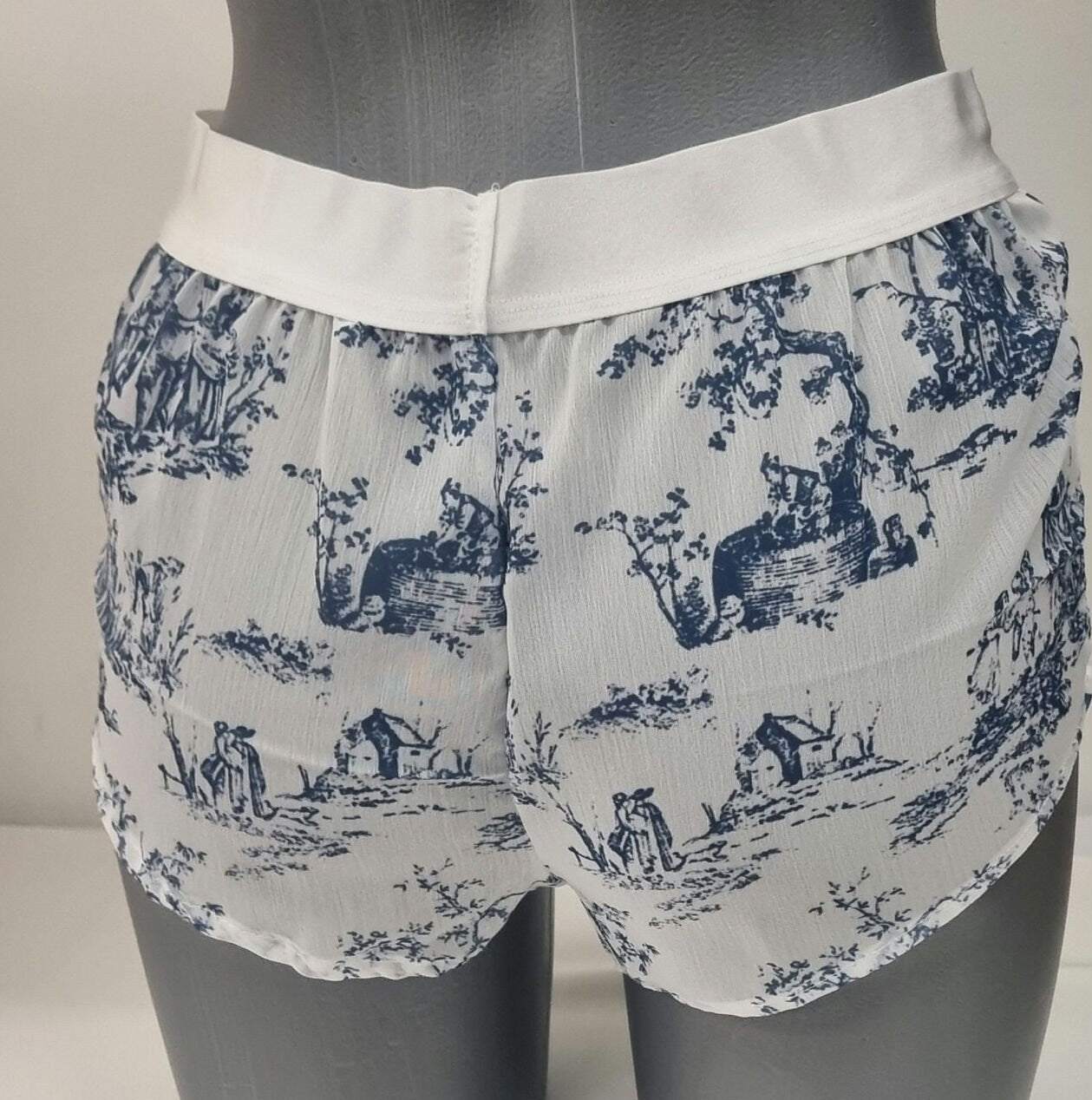 Womans boyshort in toile de jouy mousseline fabric porcelaine motif breathable girlfriend underwear handmade in france