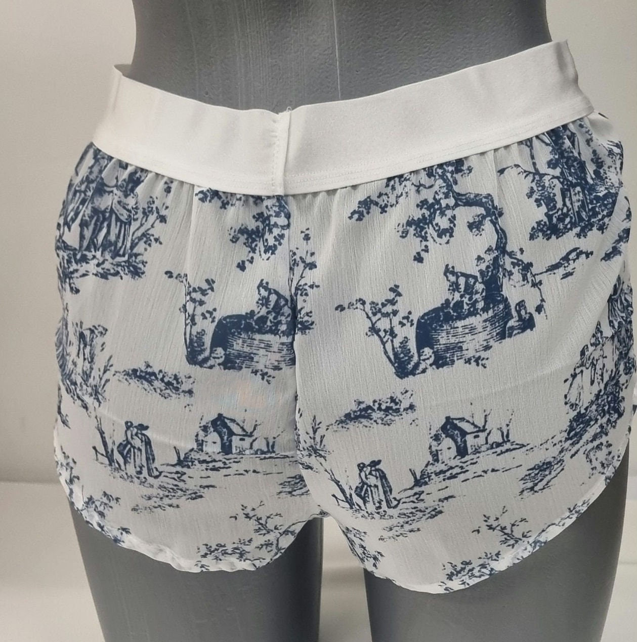Womans boyshort in toile de jouy muslin fabric porcelain pattern breathable girlfriend underwear handmade in France