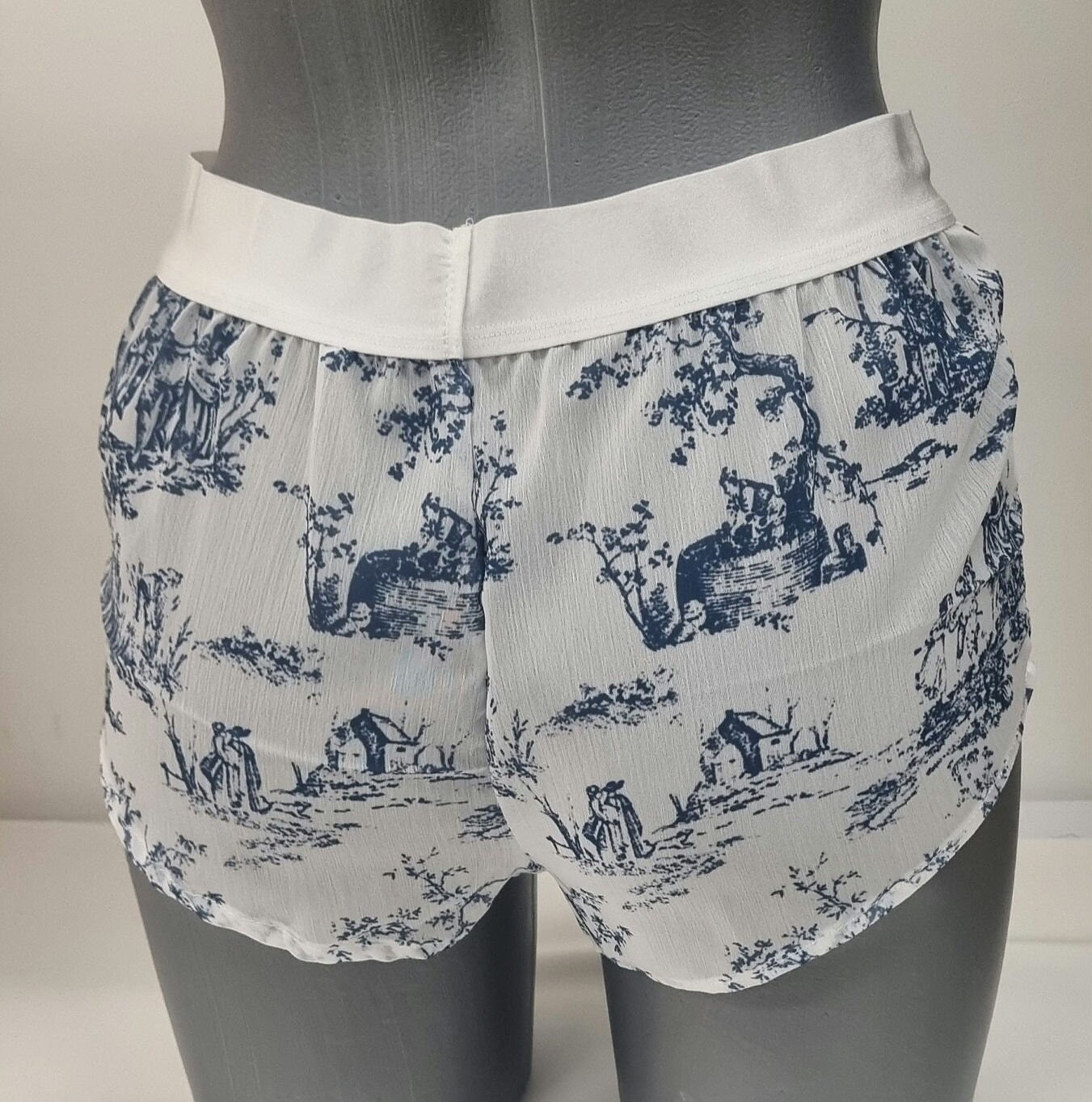 Womans boyshort in toile de jouy mousseline fabric porcelaine motif breathable girlfriend underwear handmade in france