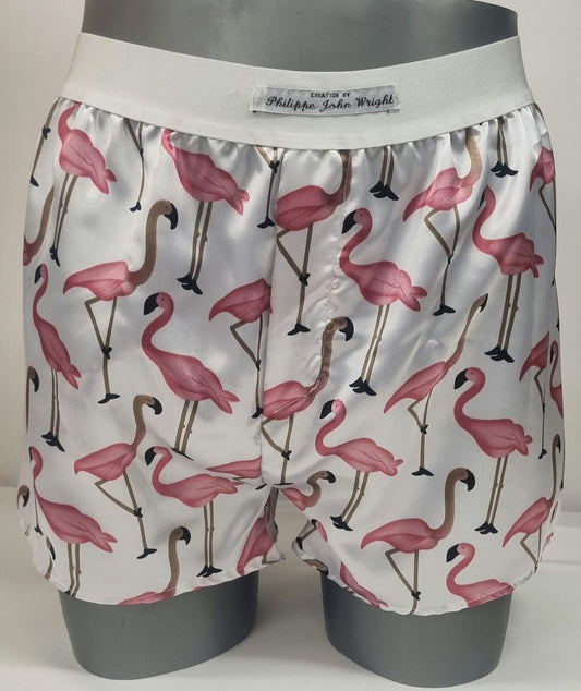 Men pink Flamingo silky satin boxer shorts hand made in France