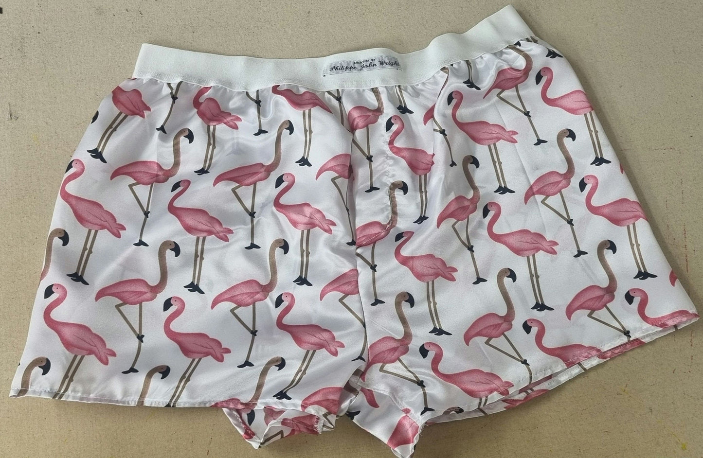 Men pink Flamingo silky satin boxer shorts hand made in France