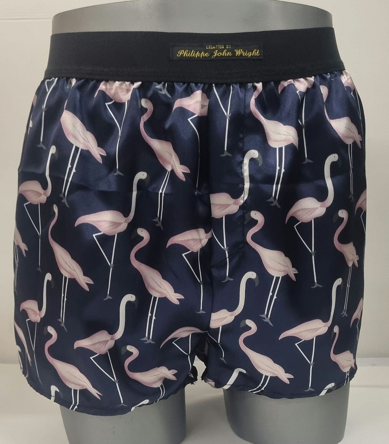 Men pink Flamingo silky satin boxer shorts hand made in France
