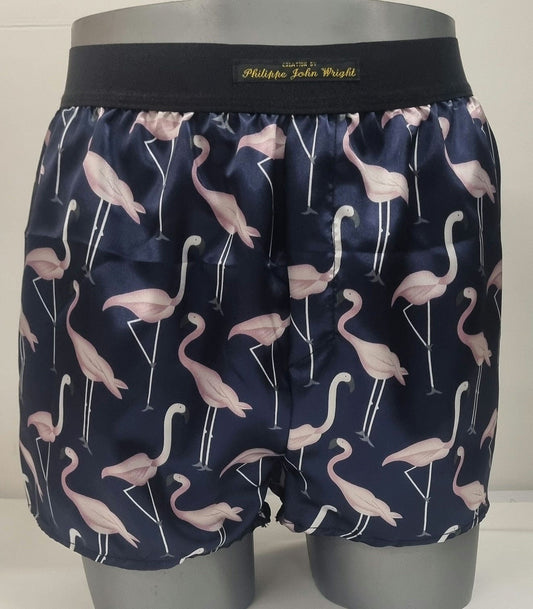 Men pink Flamingo silky satin boxer shorts hand made in France
