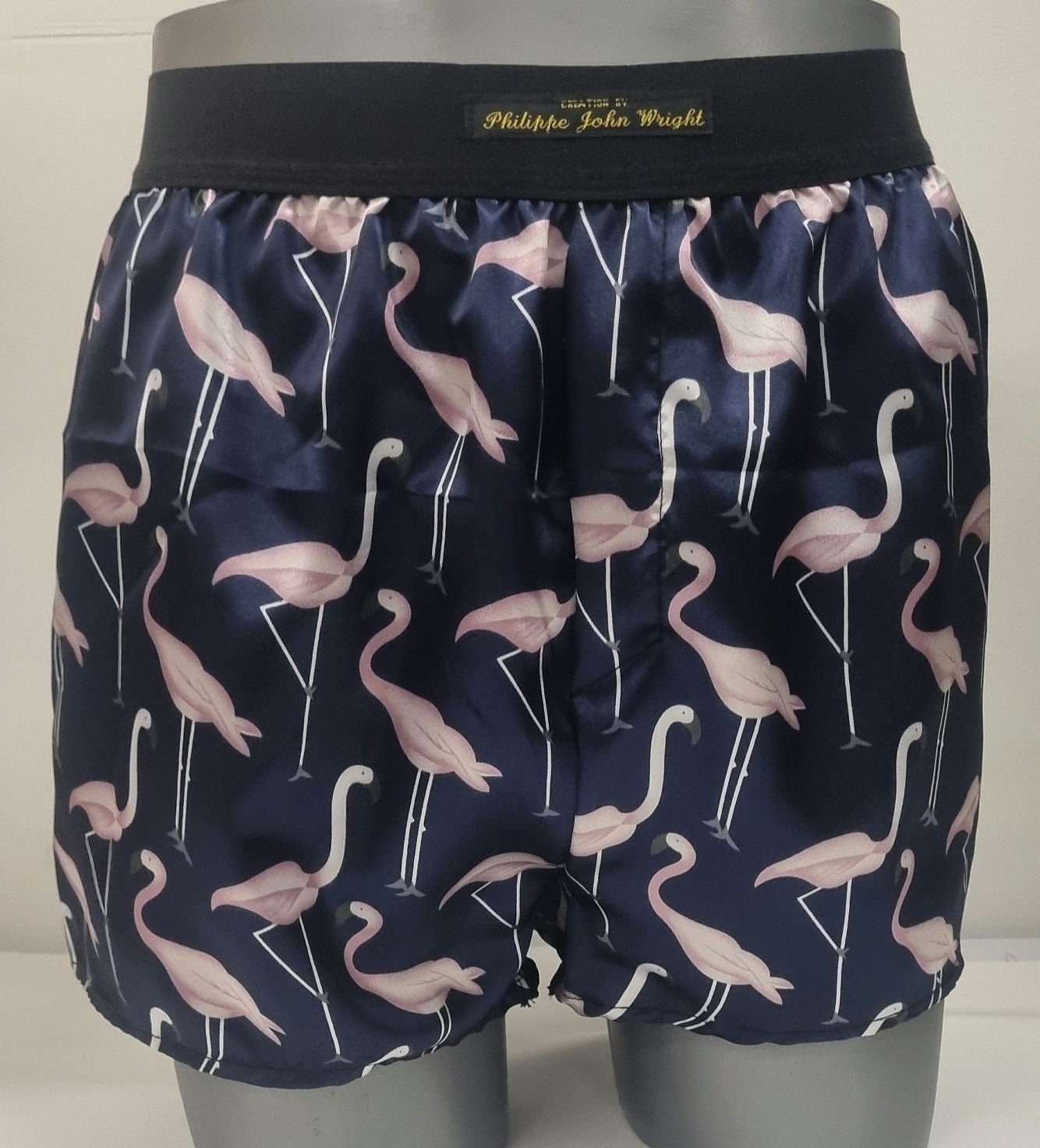 Men pink Flamingo silky satin boxer shorts hand made in France