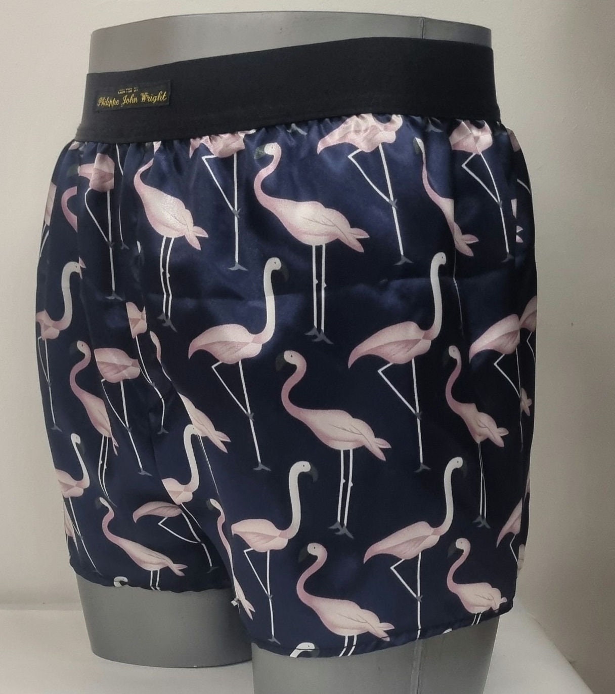 Men pink Flamingo silky satin boxer shorts hand made in France