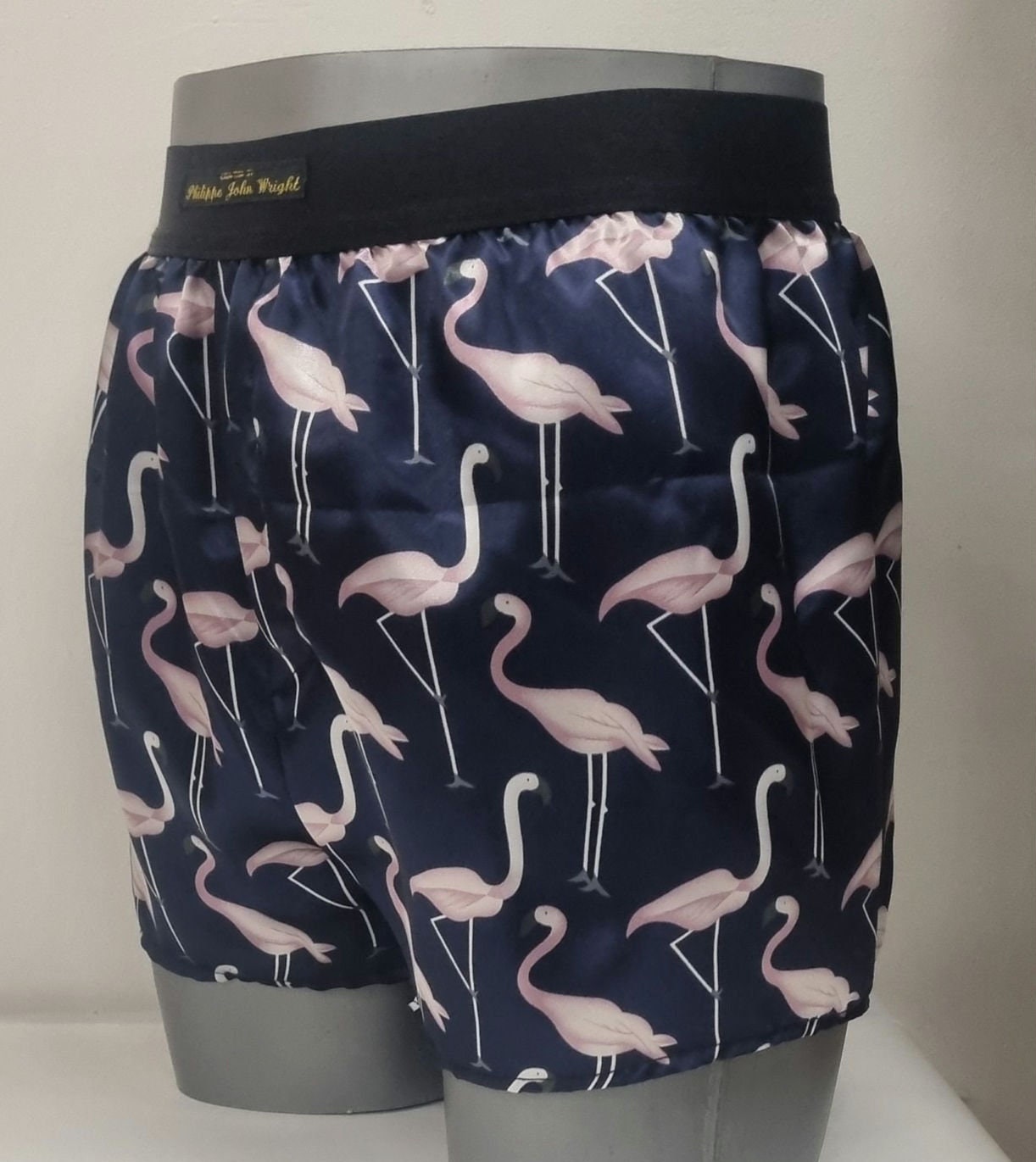 Men pink Flamingo silky satin boxer shorts hand made in France