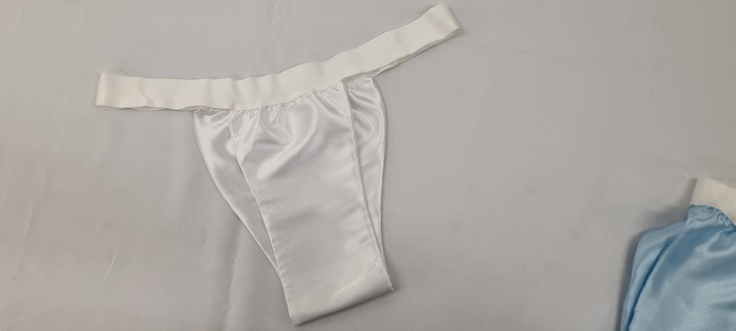 Men WHITE shiny satin briefs tanga like underwear fully lined with silky finish.
