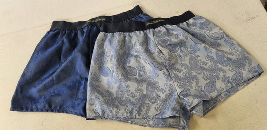 Two silk boxer shorts double bundle paisley motif made in France NAVY and ROYAL BLUE.