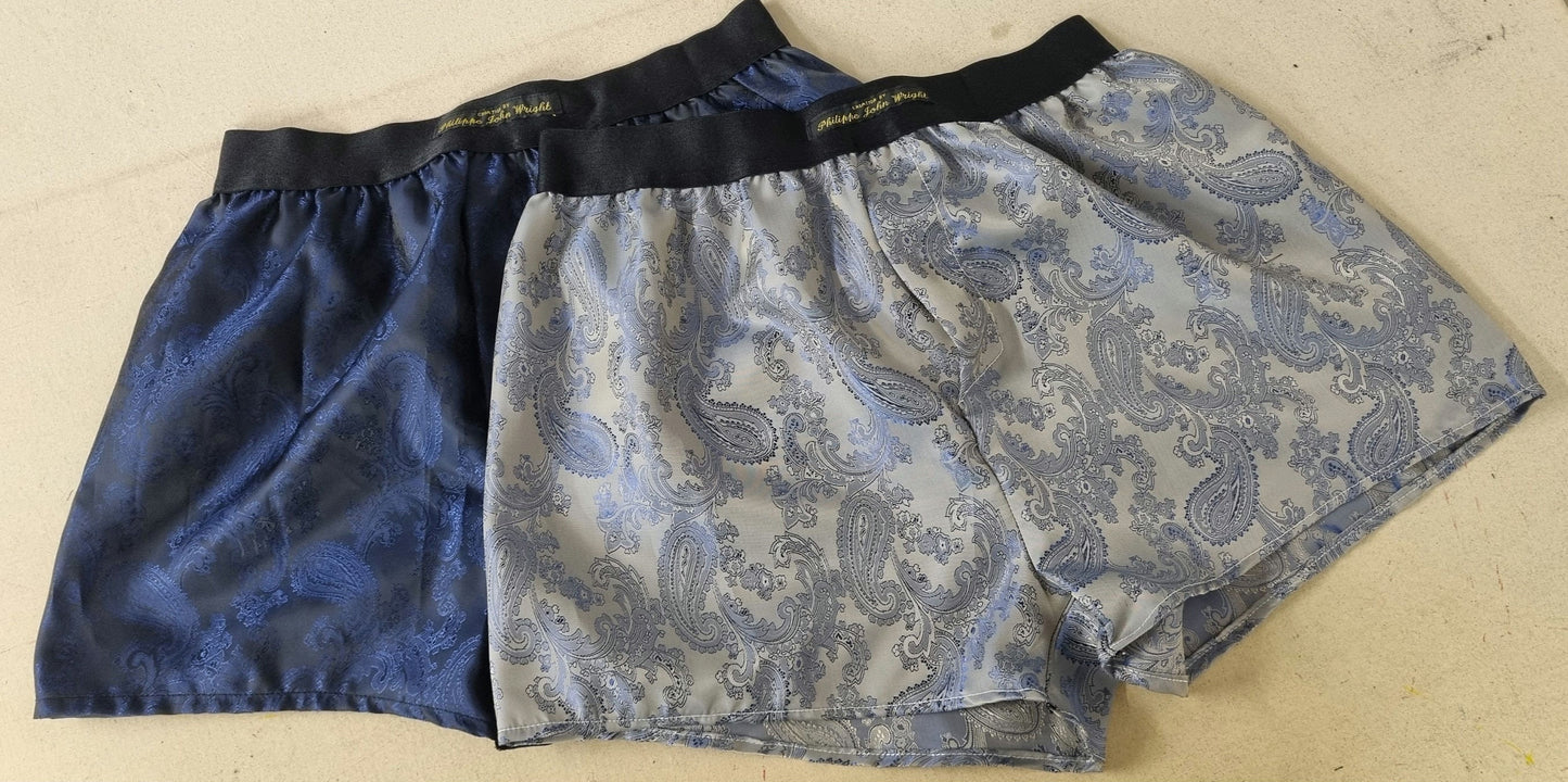 Two silk boxer shorts double bundle paisley motif made in France NAVY and ROYAL BLUE.