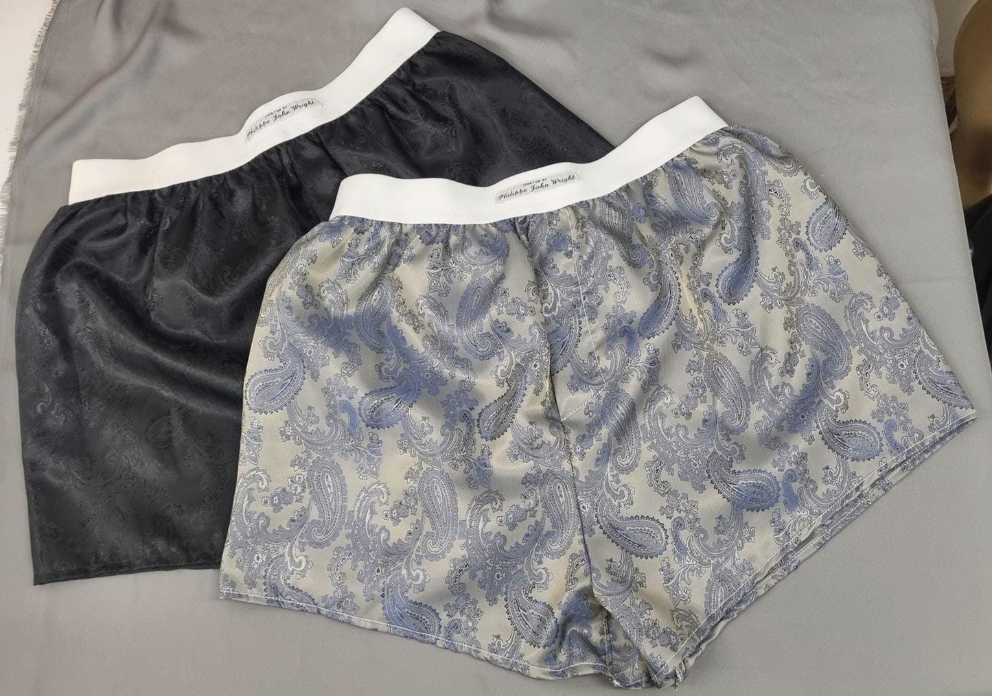 silk boxer shorts paisley pattern made in France black and royal blue