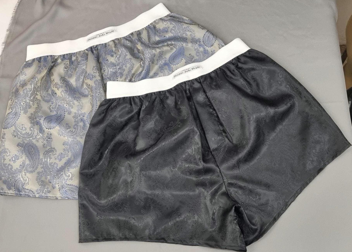 Two silk boxer shorts double bundle paisley pattern made in France black and royal blue