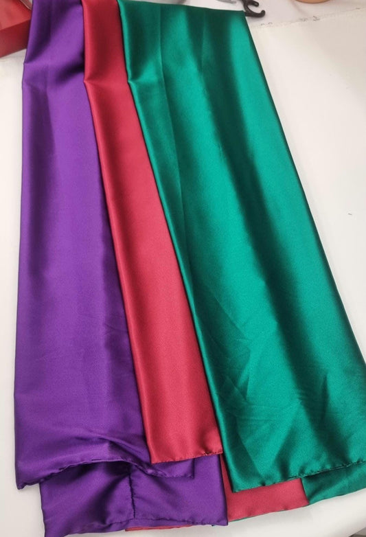 Silky scarf foulard bundle in PURPLE, RED and GREEN hight quality satin , hand made in France. 140x20 cm