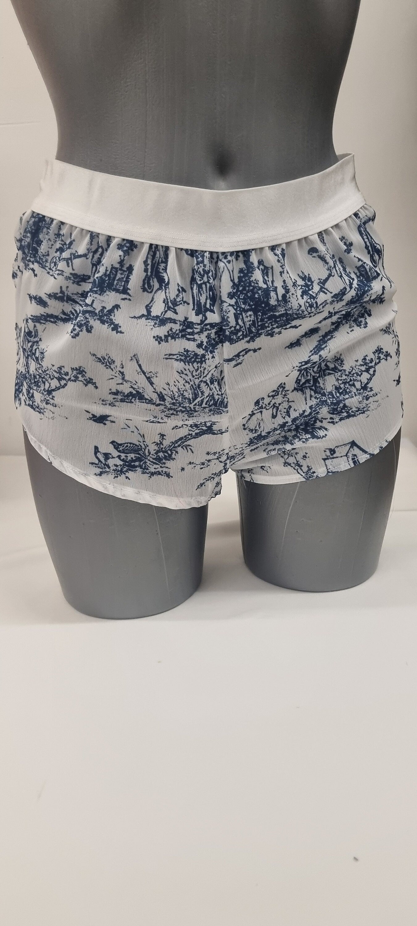 Womans boyshort in toile de jouy mousseline fabric porcelaine motif breathable girlfriend underwear handmade in france
