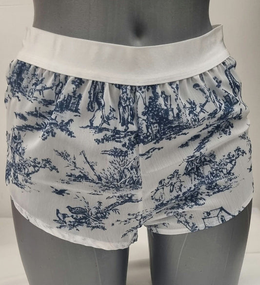 Womans boyshort in toile de jouy mousseline fabric porcelaine motif breathable girlfriend underwear handmade in france