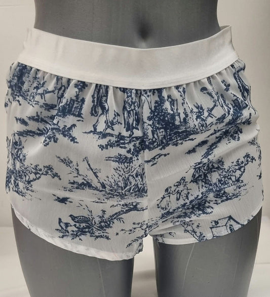 Womans boyshort in toile de jouy muslin fabric porcelain pattern breathable girlfriend underwear handmade in France