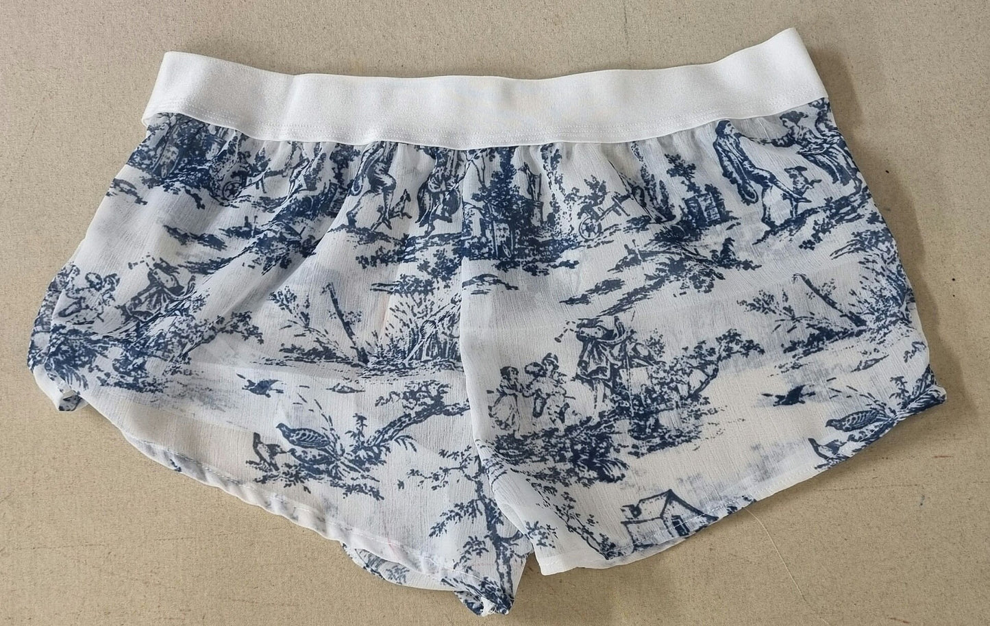 Womans boyshort in toile de jouy mousseline fabric porcelaine motif breathable girlfriend underwear handmade in france