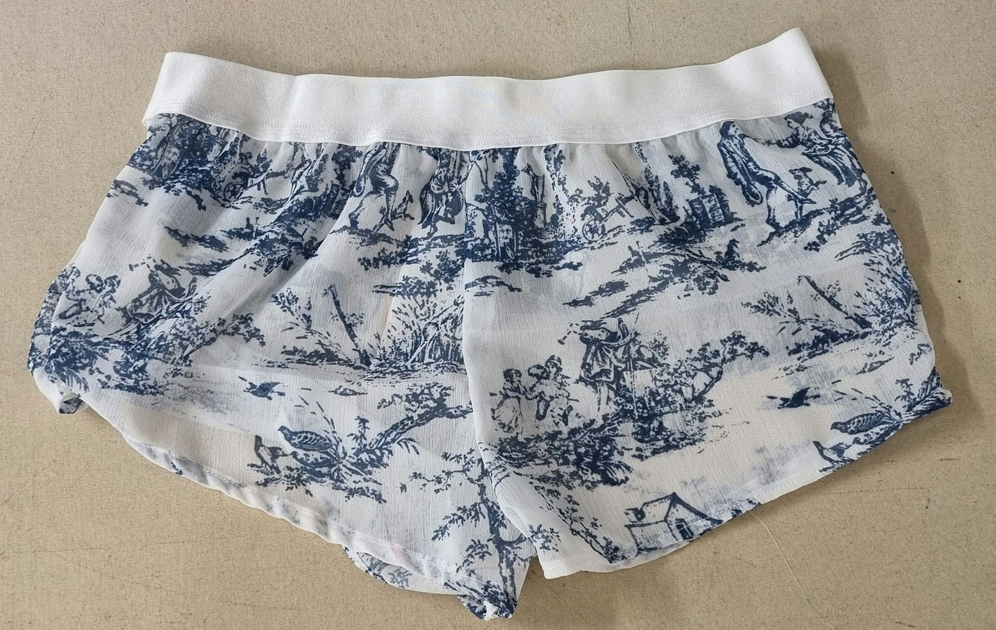 Womans boyshort in toile de jouy muslin fabric porcelain pattern breathable girlfriend underwear handmade in France