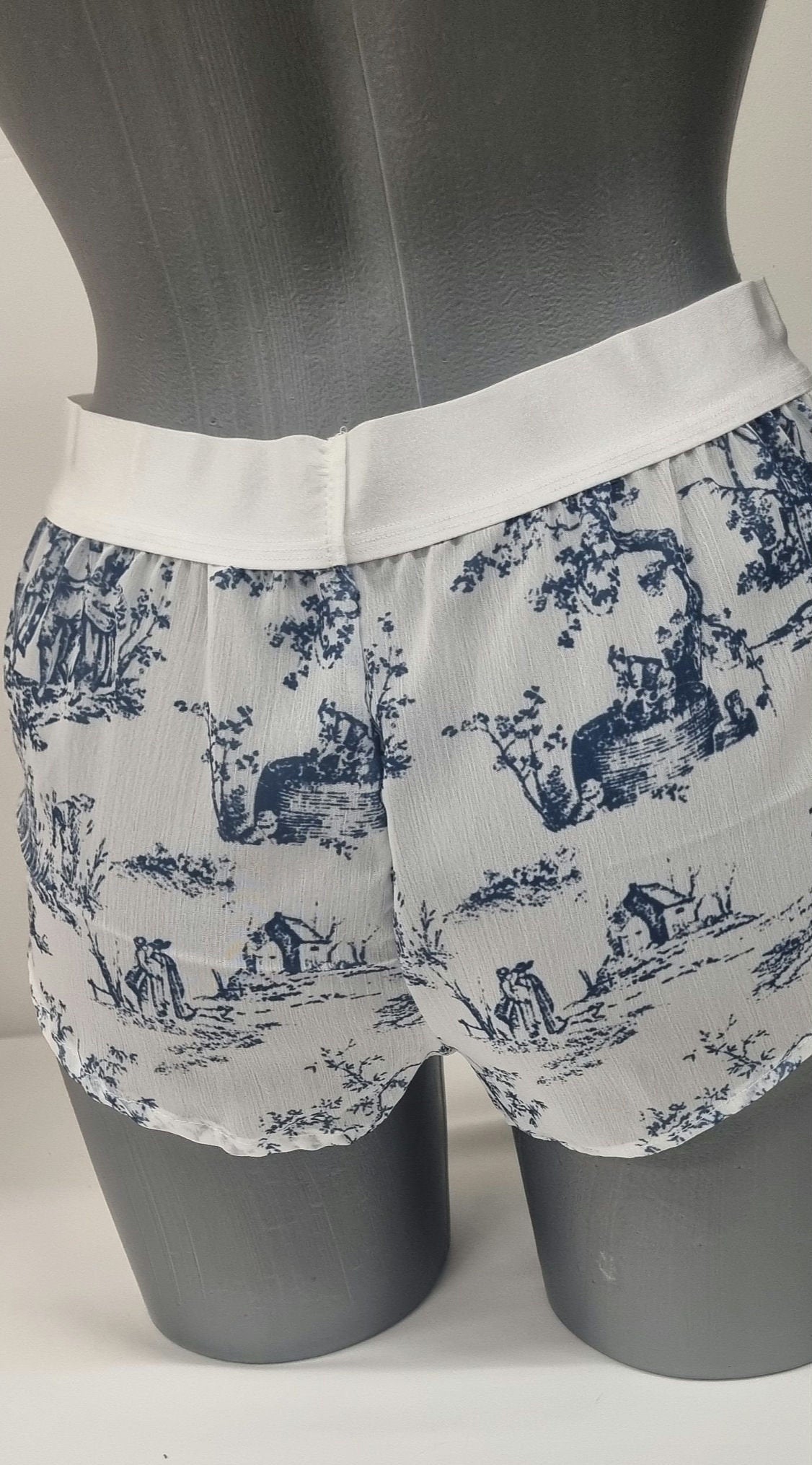 Womans boyshort in toile de jouy mousseline fabric porcelaine motif breathable girlfriend underwear handmade in france