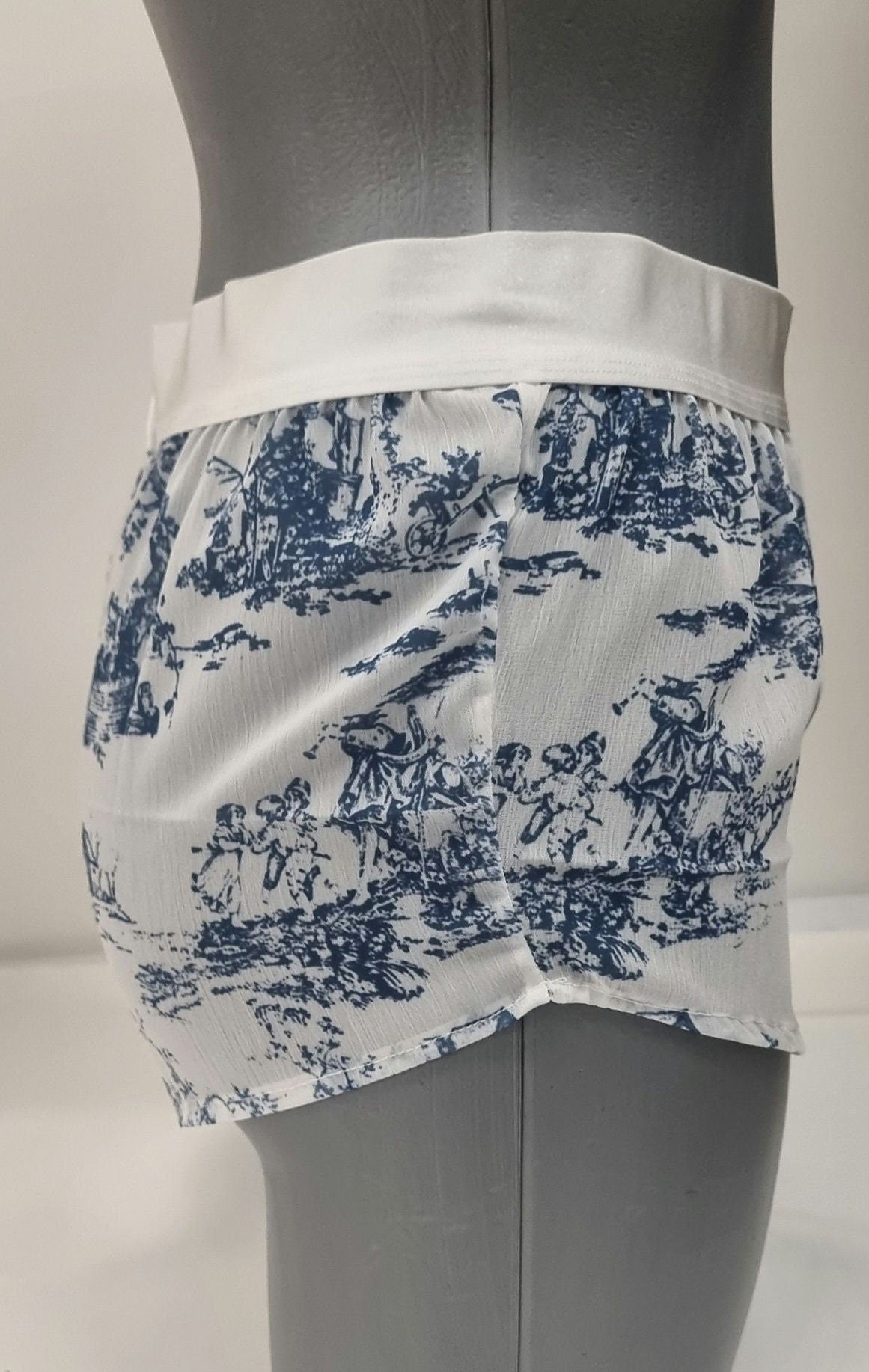 Womans boyshort in toile de jouy muslin fabric porcelain pattern breathable girlfriend underwear handmade in France