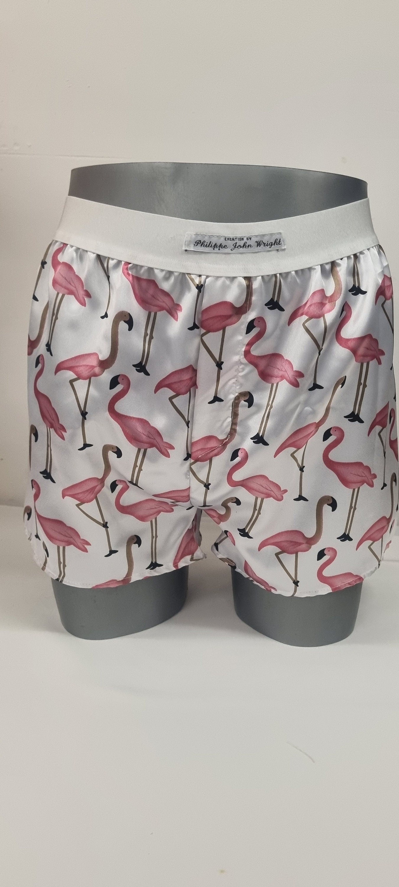 Men pink Flamingo silky satin boxer shorts hand made in France