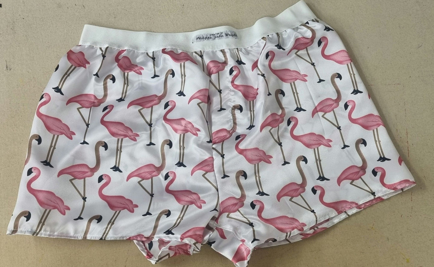 Men pink Flamingo silky satin boxer shorts hand made in France