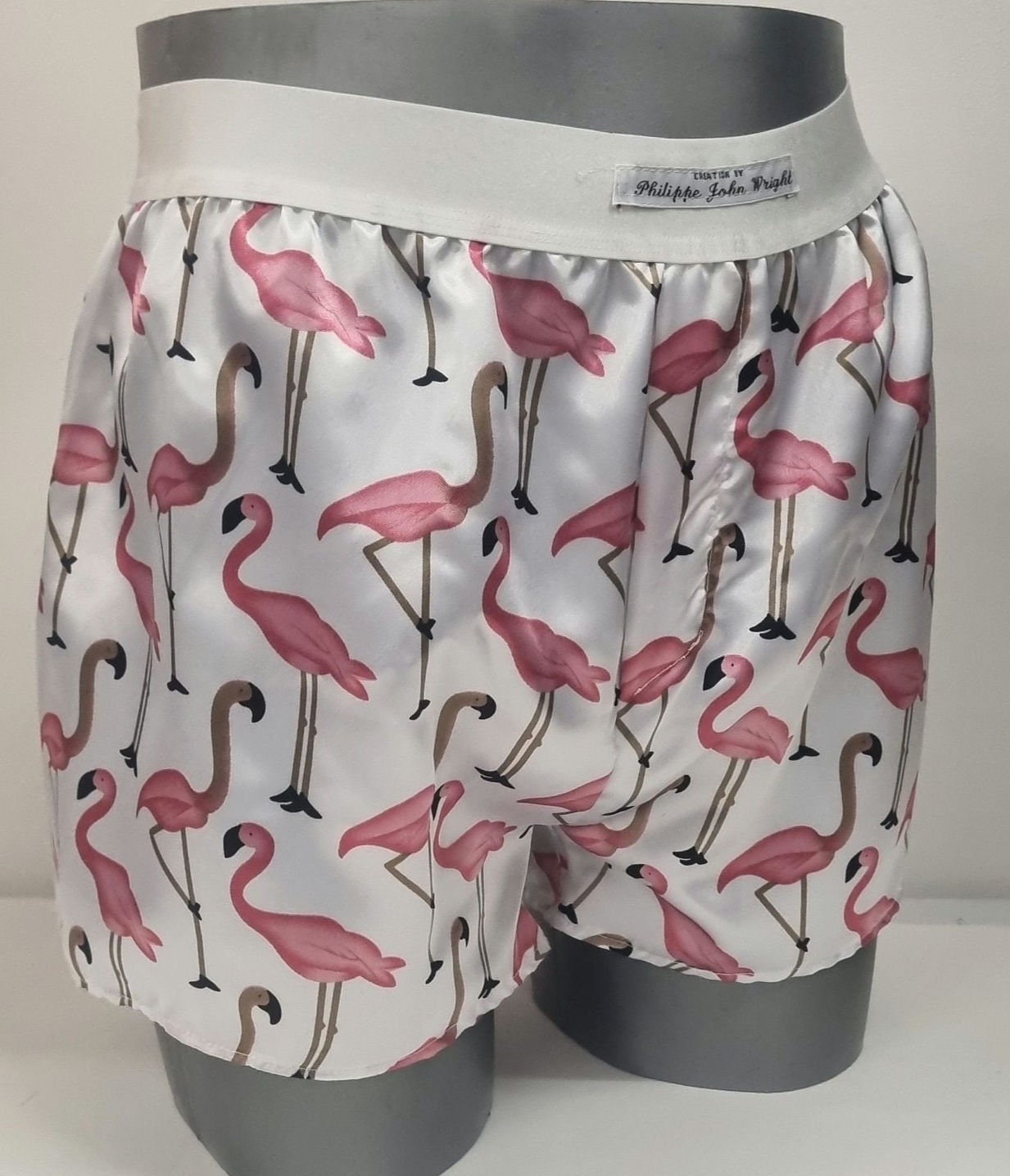 Men pink Flamingo silky satin boxer shorts hand made in France