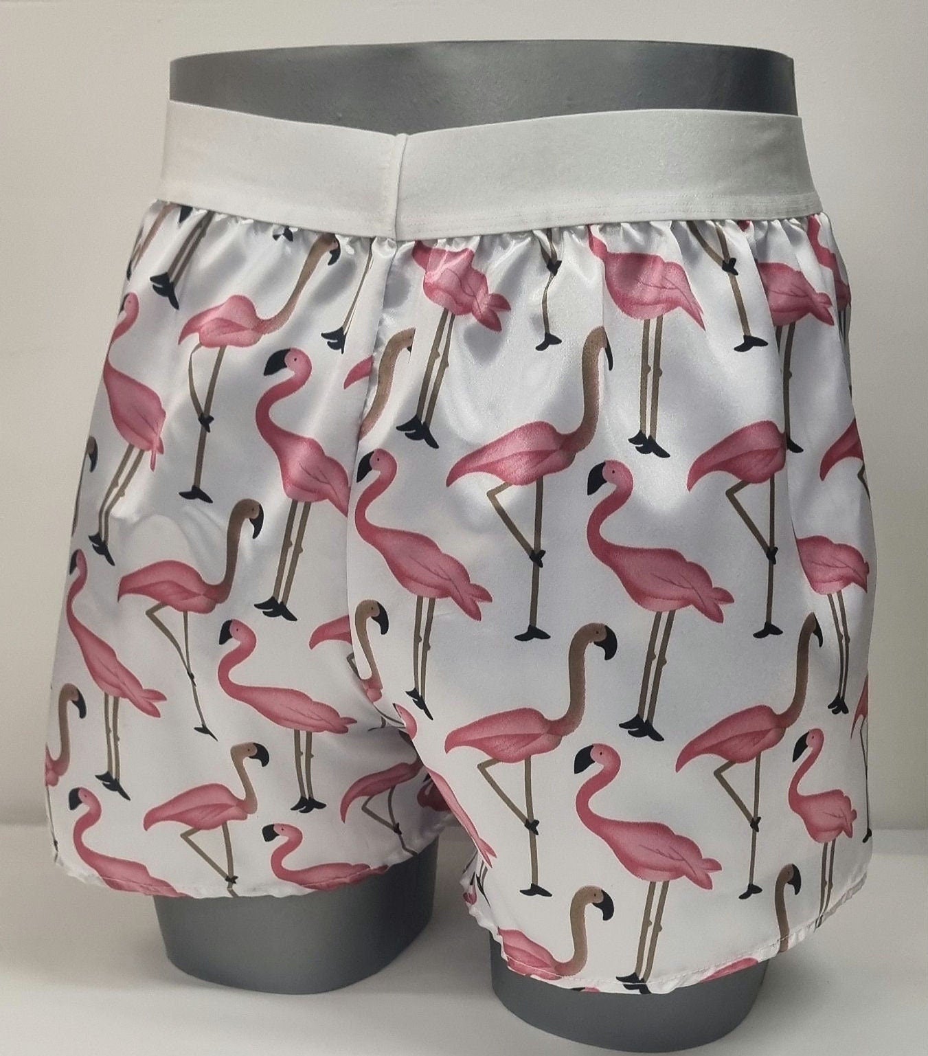 Men pink Flamingo silky satin boxer shorts hand made in France