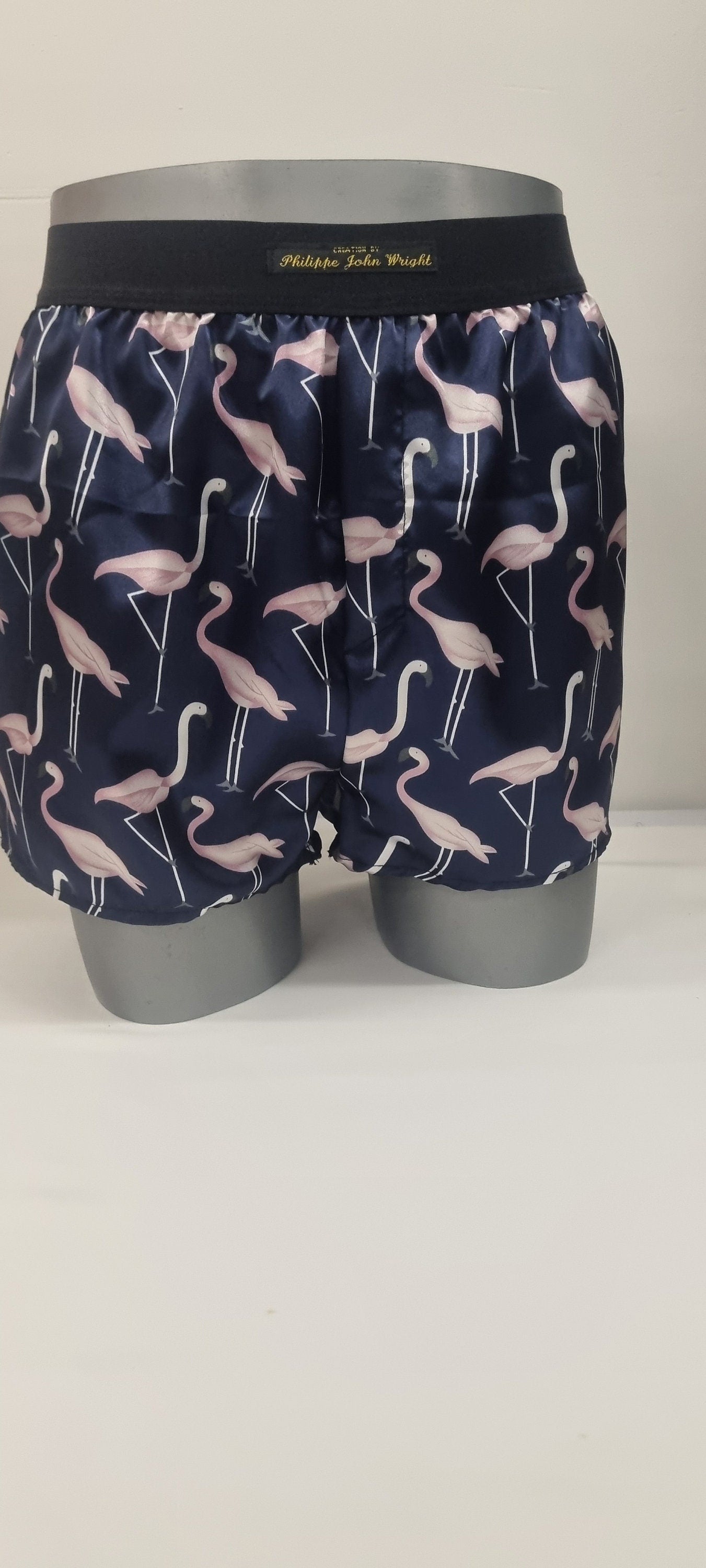 Men pink Flamingo silky satin boxer shorts hand made in France