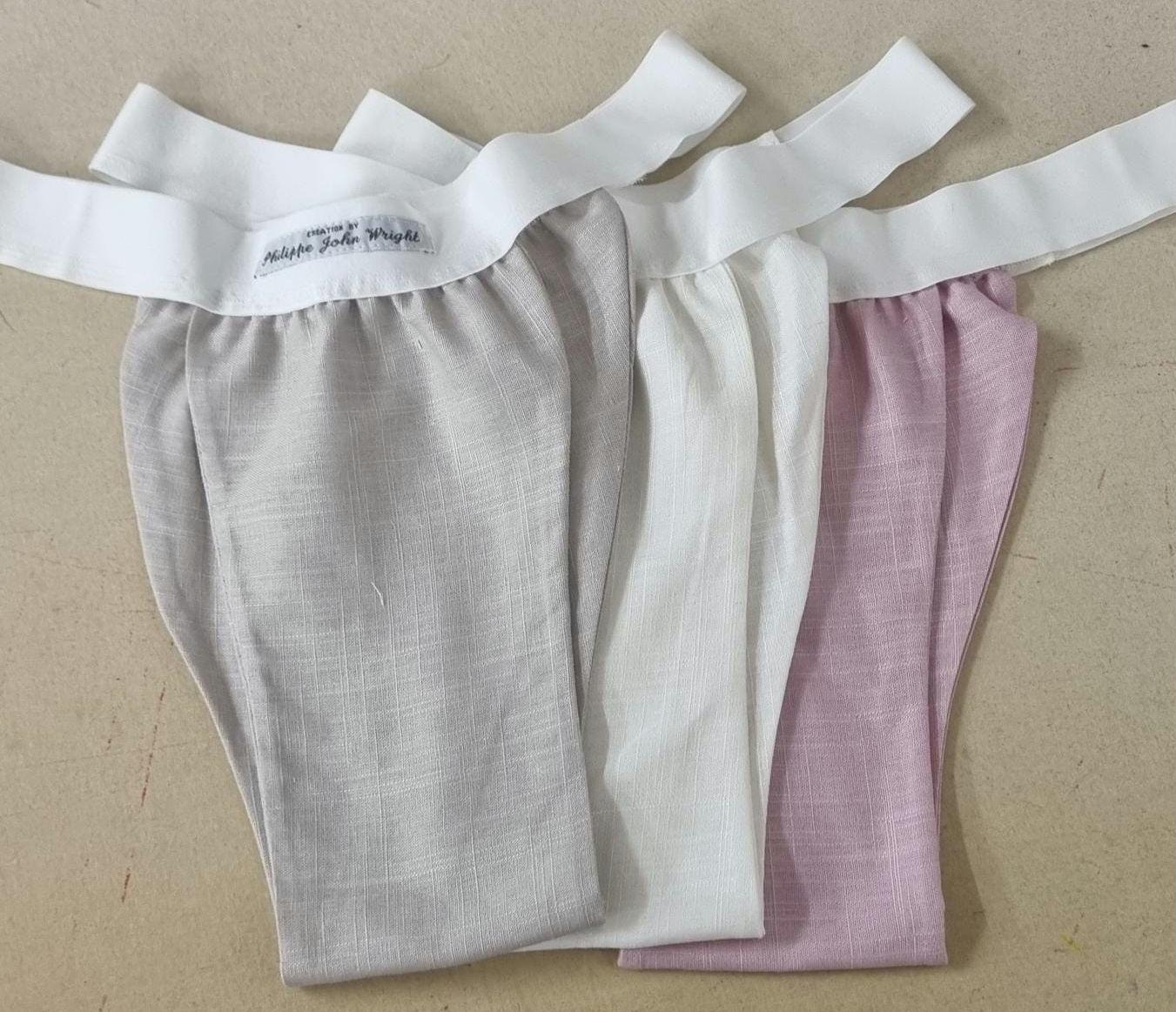 Men thong BEIGE, PINK and WHITE organic linen briefs tanga like underwear fully lined soft elastic bundle