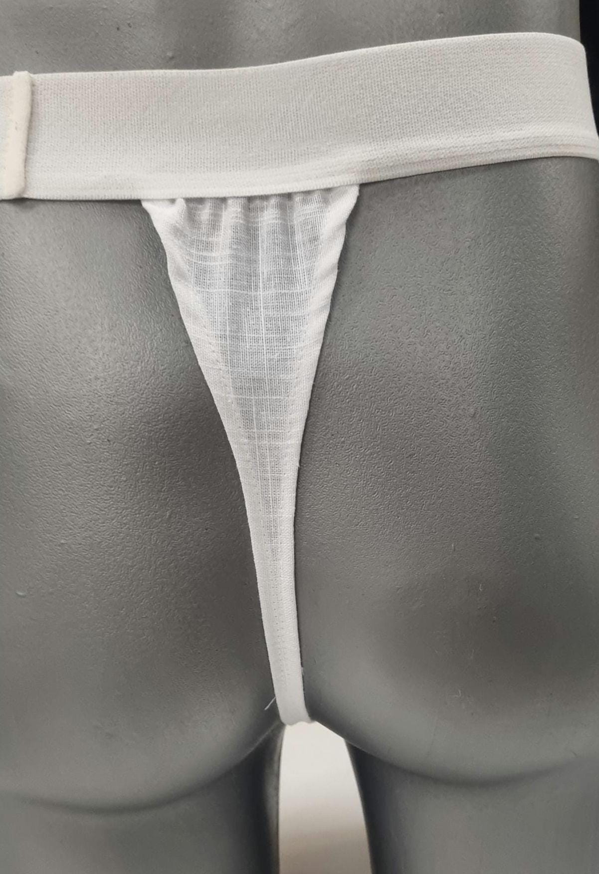 Men G-string briefs underwear in natural linen. Cheeky boy thong sexy underwear for man.