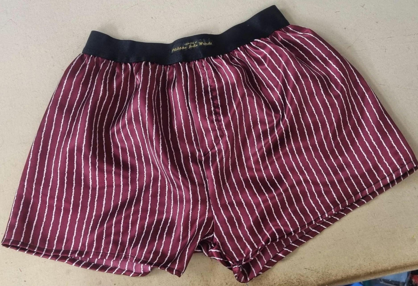 satin boxer shorts in burgundy with white stripes for men hand made in France