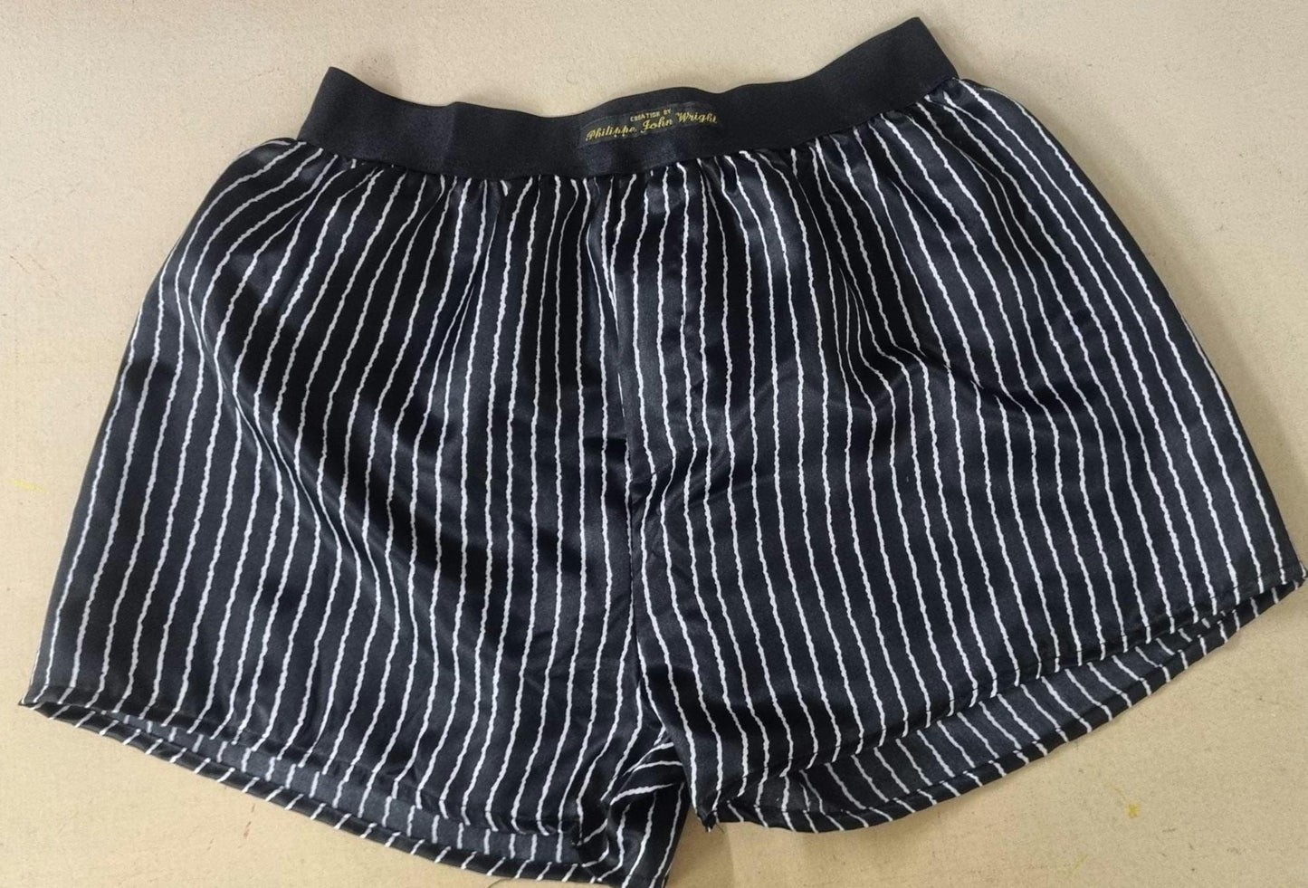 satin boxer shorts in black with white stripes for men hand made in France