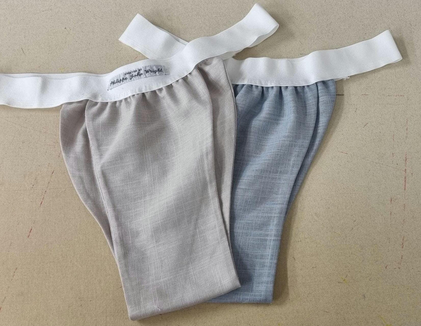 Men thong BLUE and BEIGE organic linen briefs tanga like underwear fully lined soft elastic bundle
