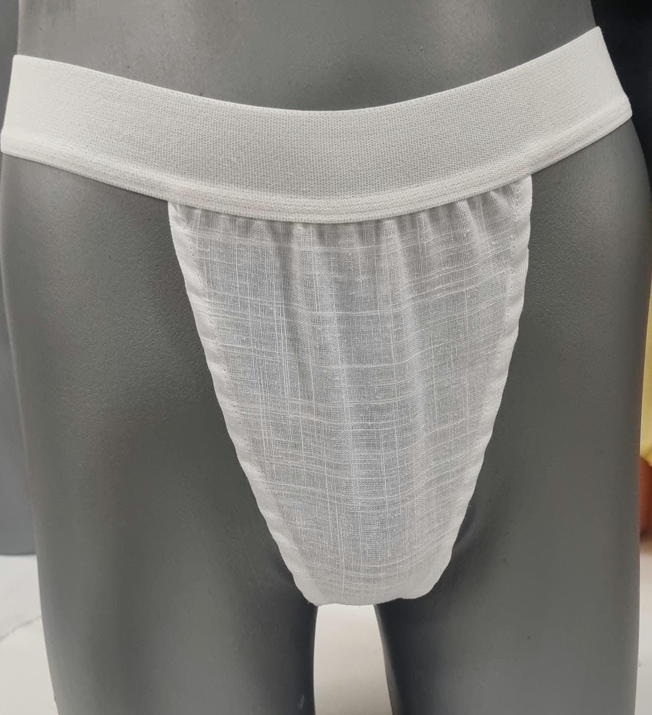 Men G-string briefs underwear in natural linen. Cheeky boy thong sexy underwear for man.