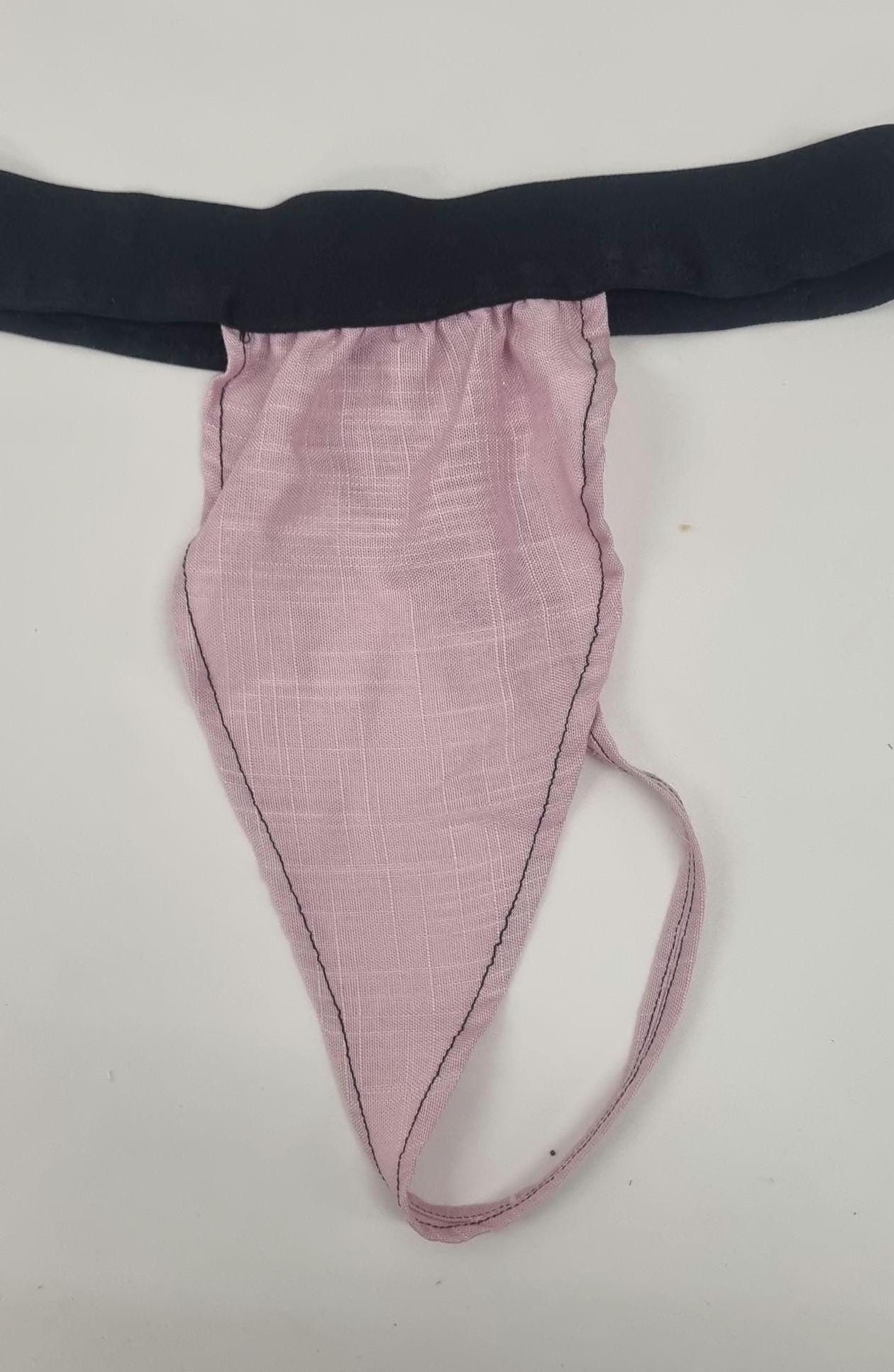 Men G-string briefs underwear in natural pink linen. Cheeky boy thong sexy underwear for man.