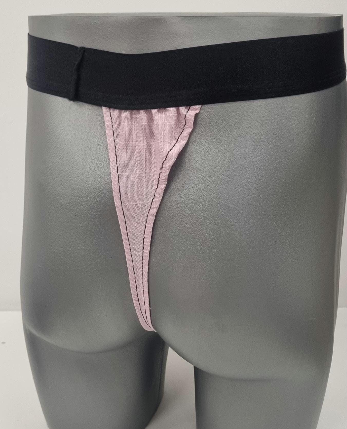 Men G-string briefs underwear in natural pink linen. Cheeky boy thong sexy underwear for man.