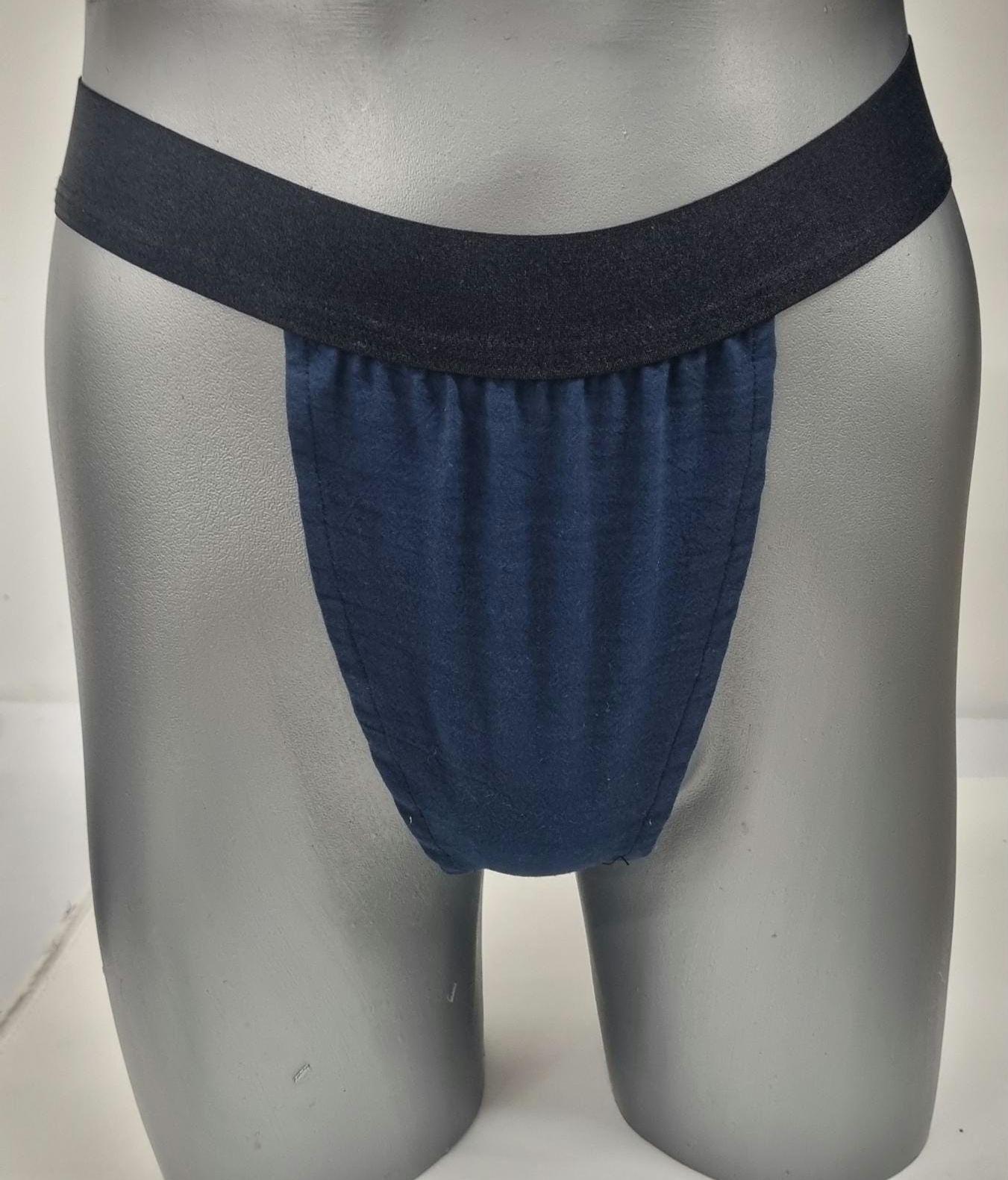 Men G-string briefs underwear in natural navy linen. Cheeky boy thong sexy underwear for man.