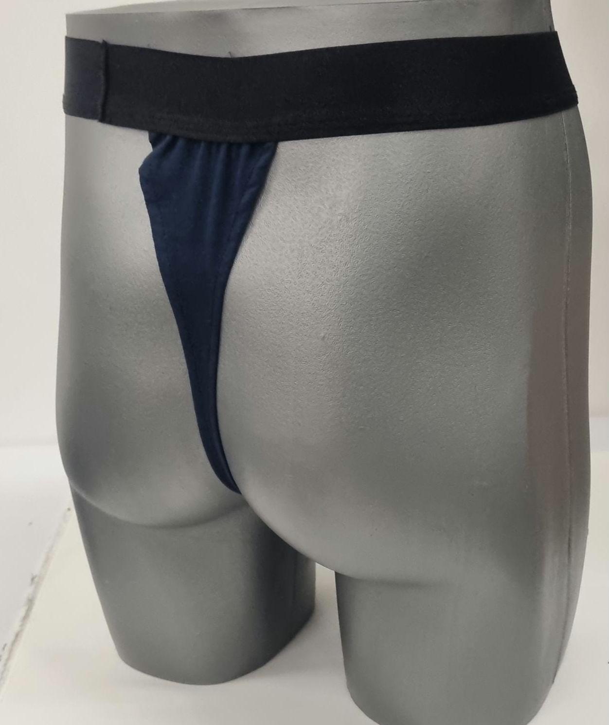 Men G-string briefs underwear in natural navy linen. Cheeky boy thong sexy underwear for man.