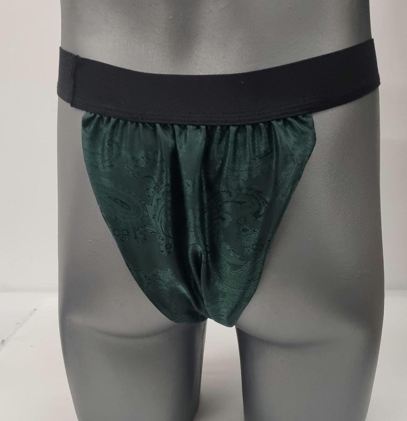Men FOREST GREEN shiny silk paisley motif briefs tanga like underwear fully lined with silky finish.