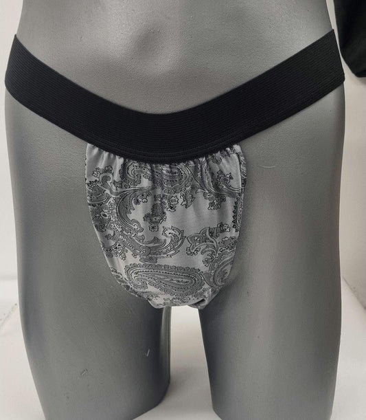 Men SILVER shiny silk paisley motif briefs tanga like underwear fully lined with silky finish.