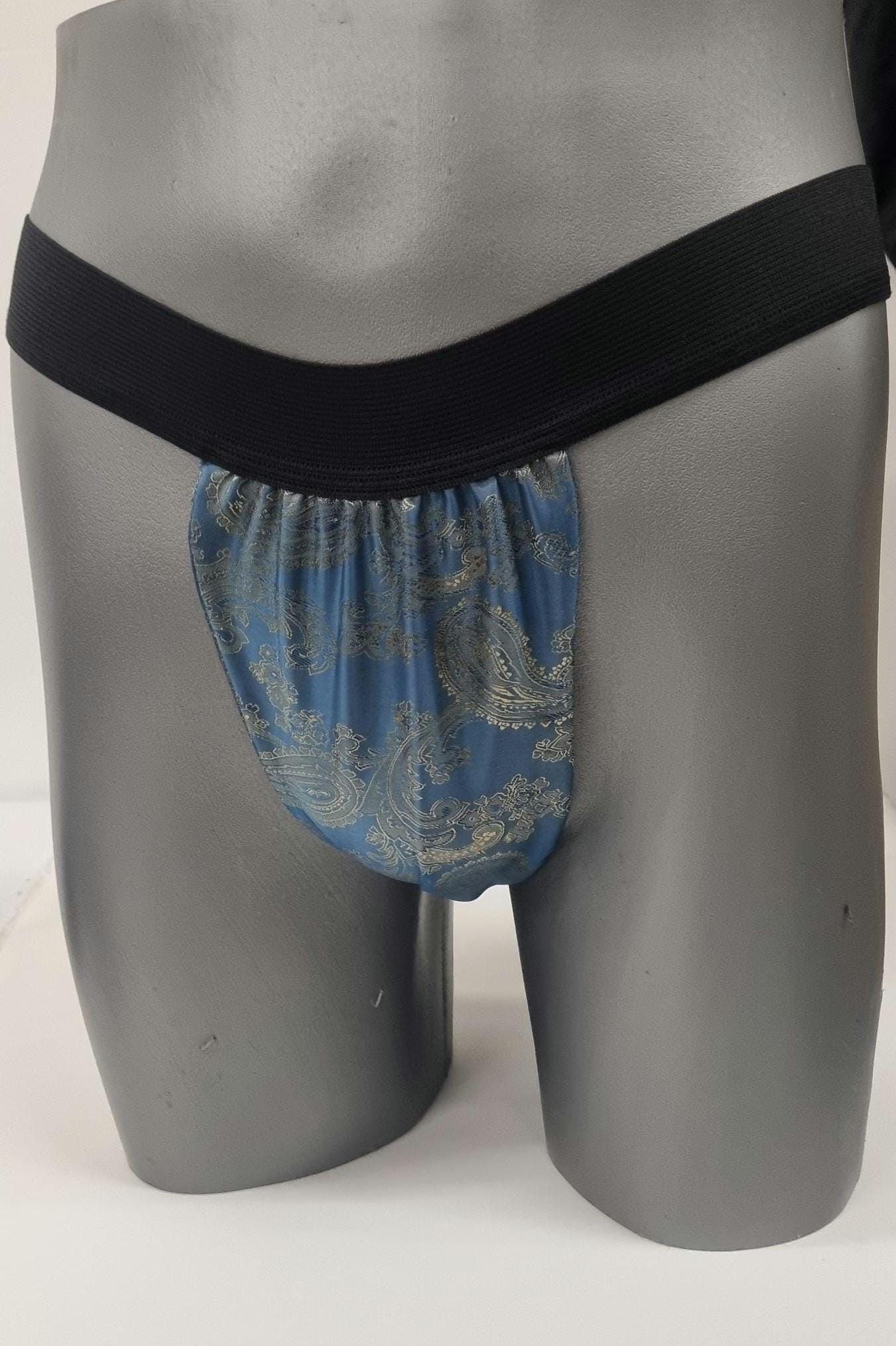 Men GOLDEN BLUE shiny silk paisley pattern briefs tanga like underwear fully lined with silky finish.