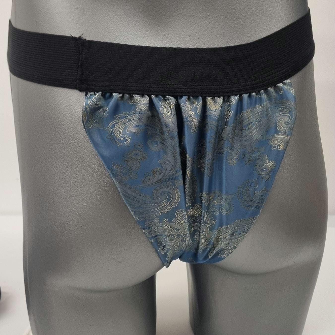 Men GOLDEN BLUE shiny silk paisley pattern briefs tanga like underwear fully lined with silky finish.
